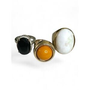 Three Bold Vintage Statement Rings with a Clear Glass Trinket Dish